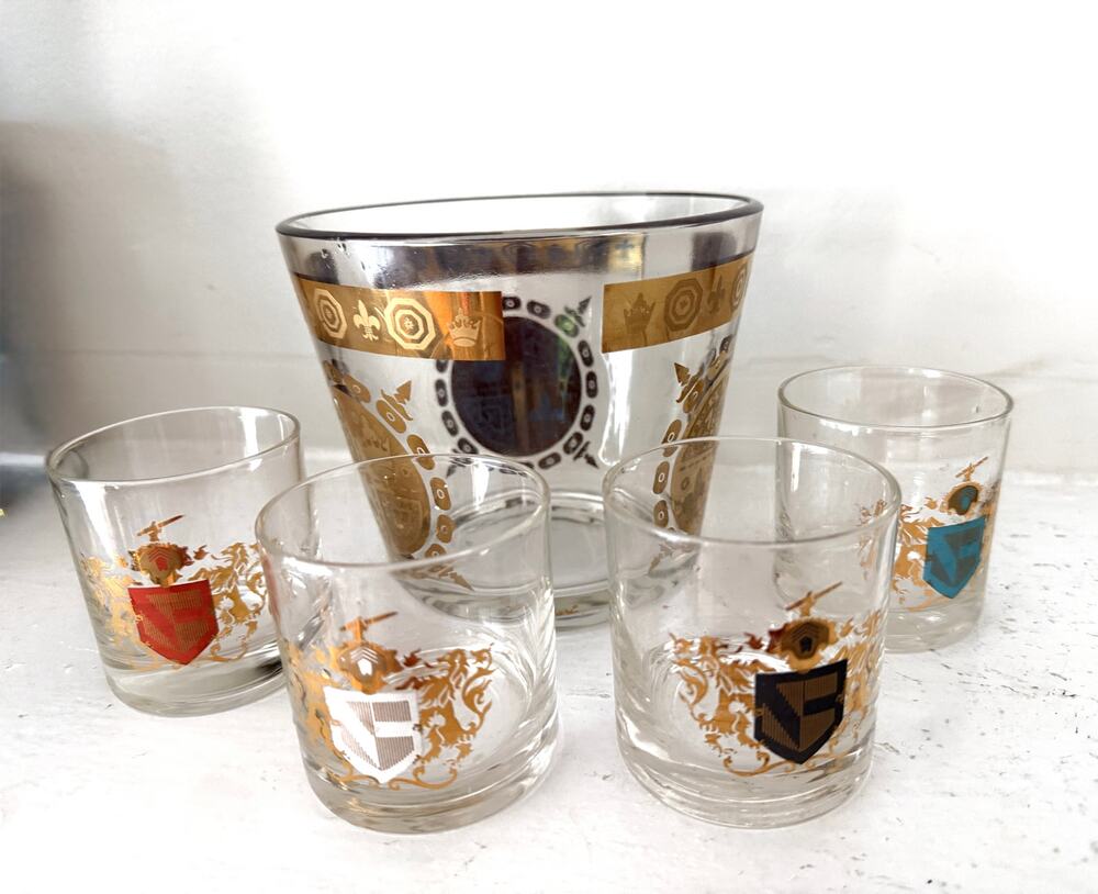 Federal Glass Camelot Coat of Arms Ice Bucket 4 Lowball Rock Glasses Set Gold